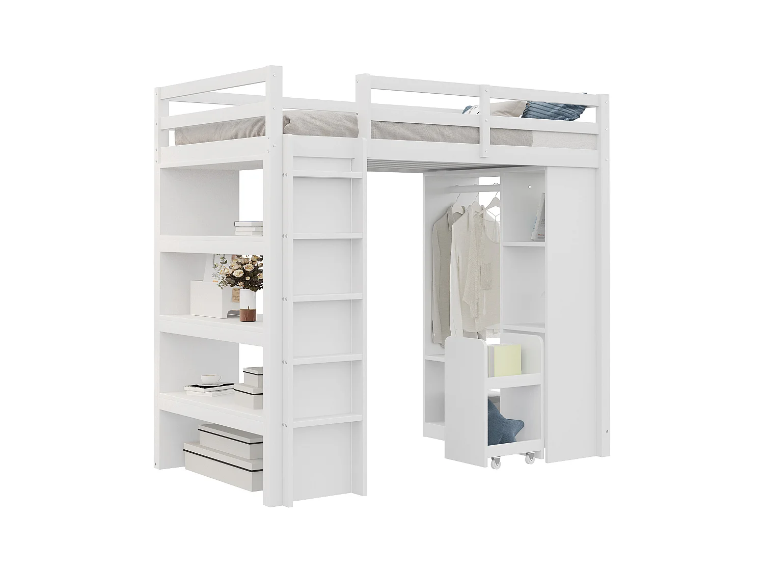 Kinderhochbett 90×200 cm - mit Kleiderhaken + Stauraum - mit 1 mobilem Aufbewahrungswagen - weiß (Matratze nicht enthalten)