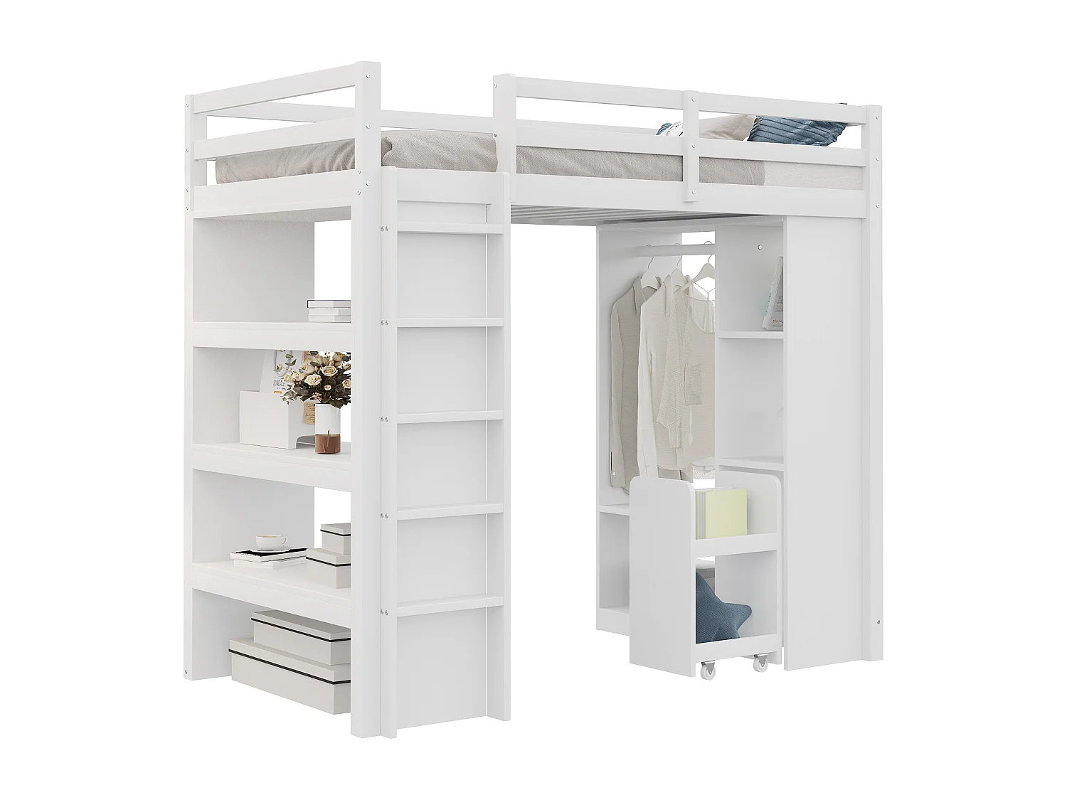 Lit mezzanine enfant 90x200 cm - avec cintre + rangement - avec 1 chariot de rangement amovible - blanc (matelas non inclus)