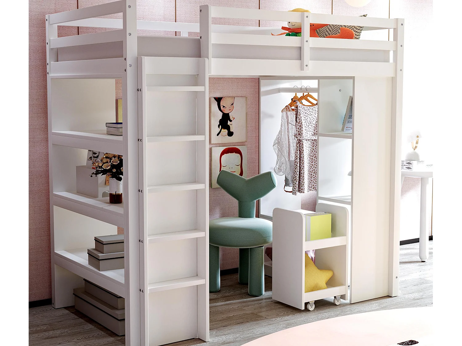 Lit mezzanine enfant 90x200 cm - avec cintre + rangement - avec 1 chariot de rangement amovible - blanc (matelas non inclus)