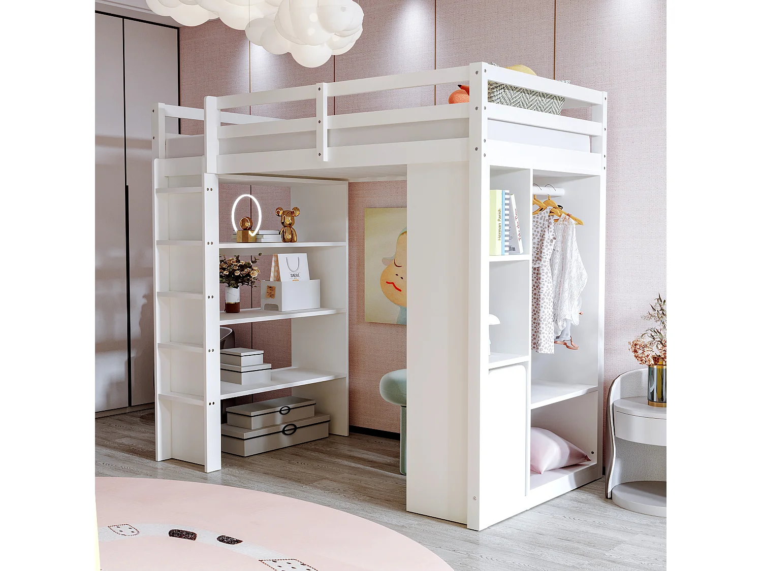 Lit mezzanine enfant 90x200 cm - avec cintre + rangement - avec 1 chariot de rangement amovible - blanc (matelas non inclus)