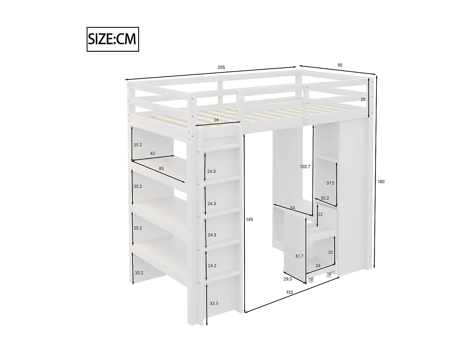 Lit mezzanine enfant 90x200 cm - avec cintre + rangement - avec 1 chariot de rangement amovible - blanc (matelas non inclus)