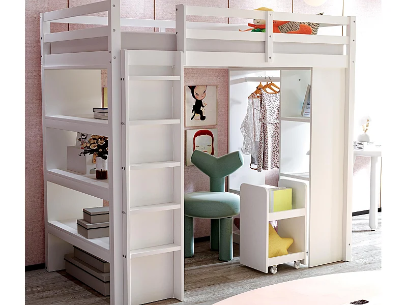 Lit mezzanine enfant 90x200 cm - avec cintre + rangement - avec 1 chariot de rangement amovible - blanc (matelas non inclus)