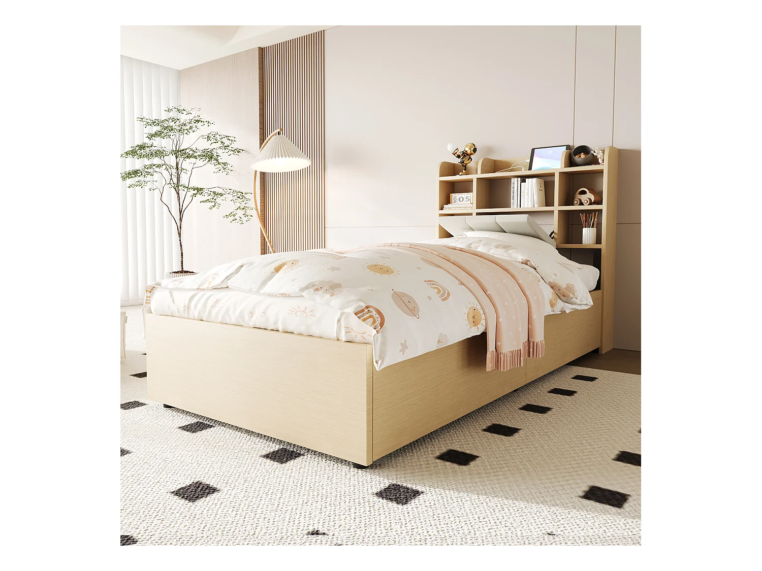 Lit coffre en bois 90x200 cm - tête de lit avec rangement - avec prises USB + Type-C - naturel (matelas non inclus)