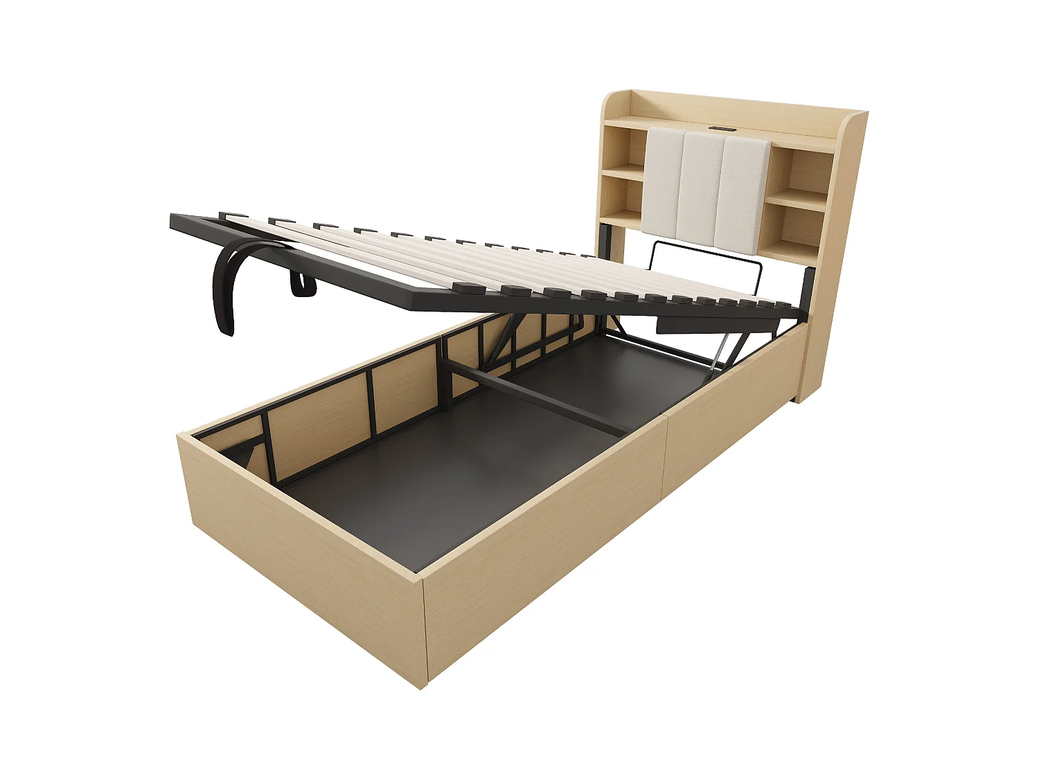 Lit coffre en bois 90x200 cm - tête de lit avec rangement - avec prises USB + Type-C - naturel (matelas non inclus)