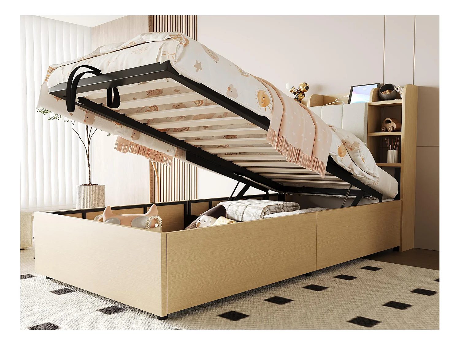 Lit coffre en bois 90x200 cm - tête de lit avec rangement - avec prises USB + Type-C - naturel (matelas non inclus)