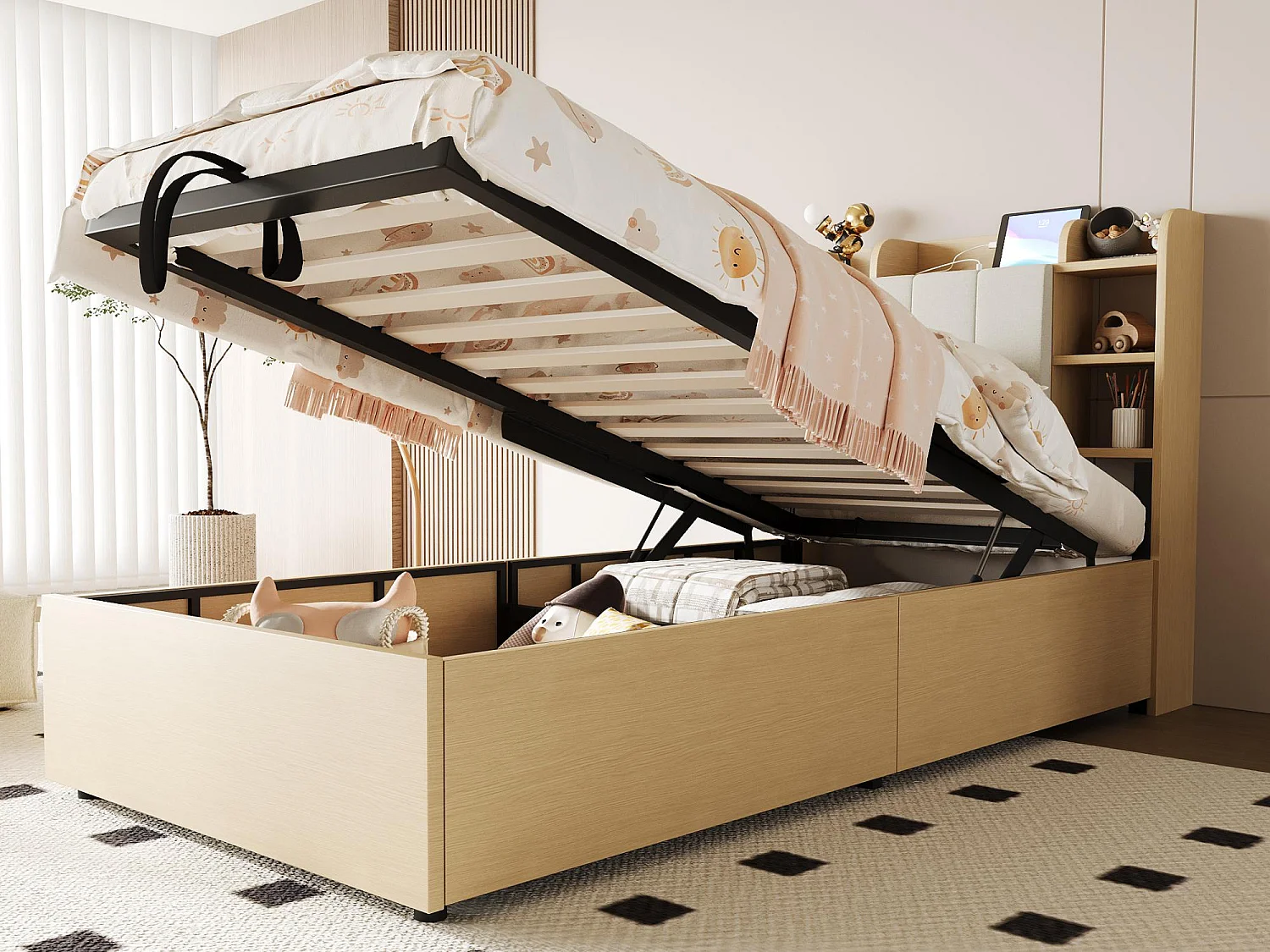 Holzbett mit Stauraum 90×200 cm - Kopfteil mit Staufach - mit USB- + Type-C-Anschlüssen - natur (Matratze nicht enthalten)