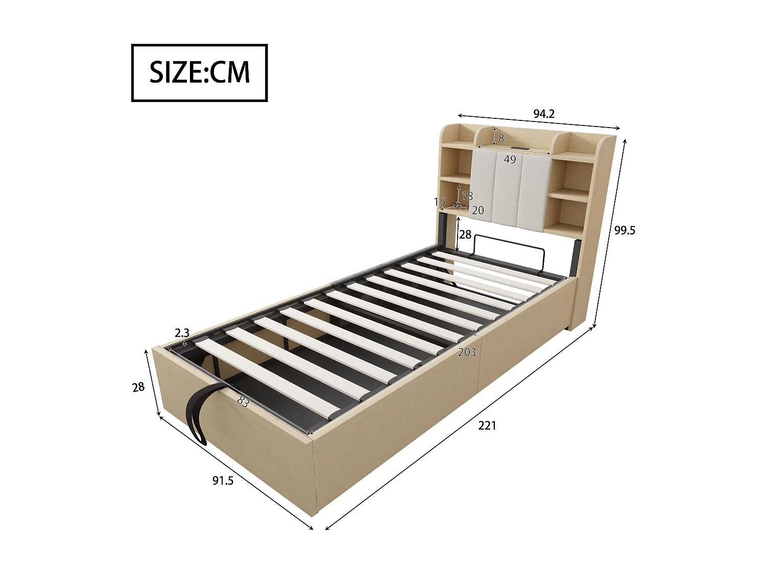 Holzbett mit Stauraum 90×200 cm - Kopfteil mit Staufach - mit USB- + Type-C-Anschlüssen - natur (Matratze nicht enthalten)