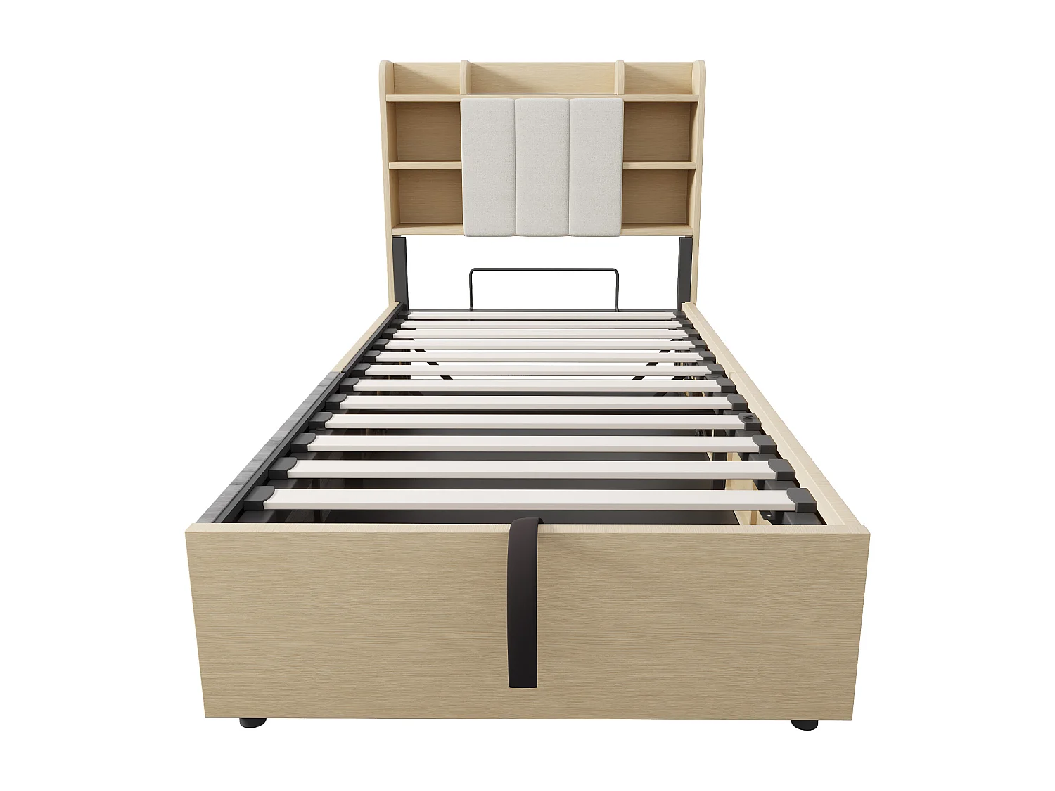 Holzbett mit Stauraum 90×200 cm - Kopfteil mit Staufach - mit USB- + Type-C-Anschlüssen - natur (Matratze nicht enthalten)