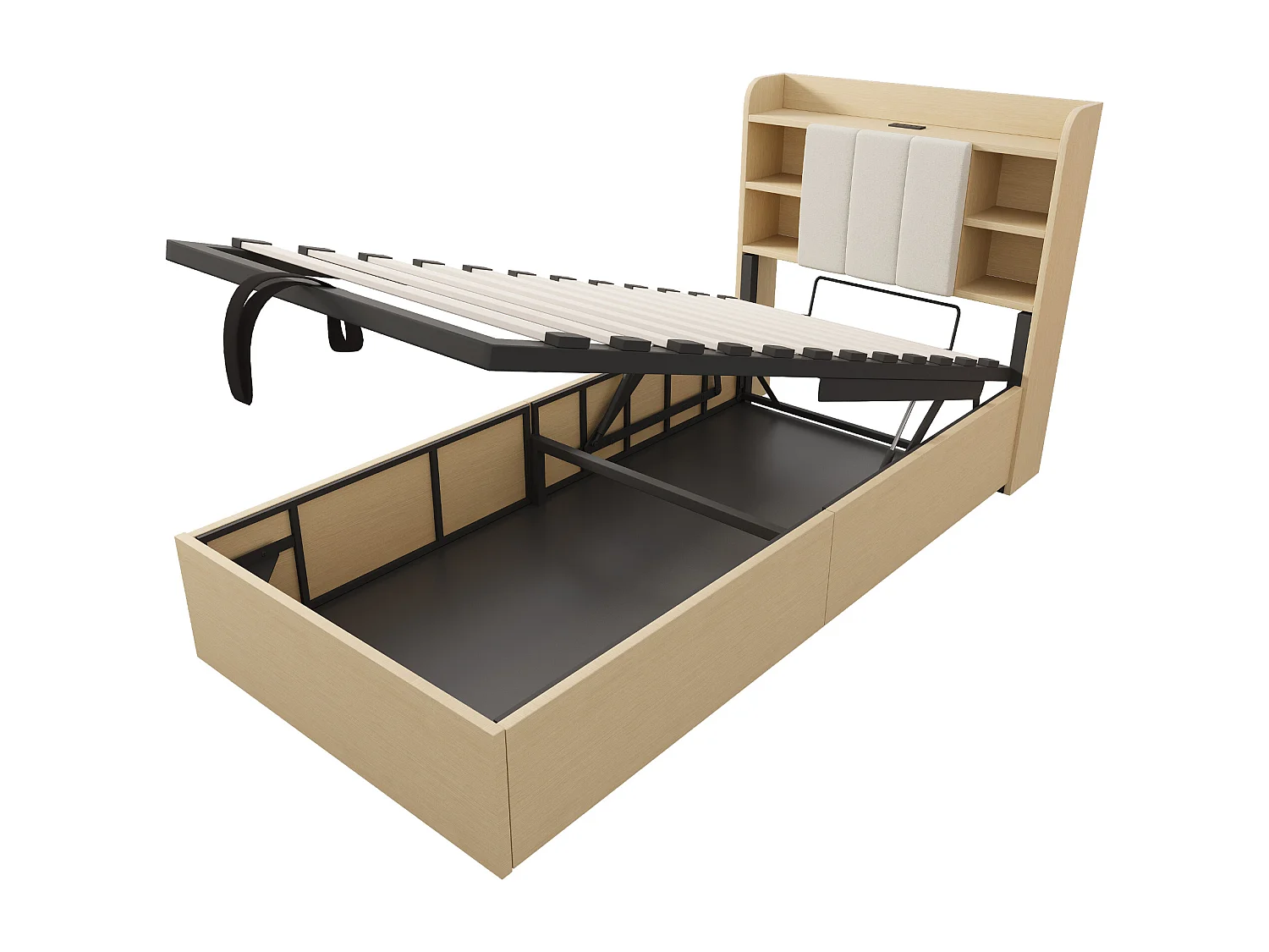 Holzbett mit Stauraum 90×200 cm - Kopfteil mit Staufach - mit USB- + Type-C-Anschlüssen - natur (Matratze nicht enthalten)