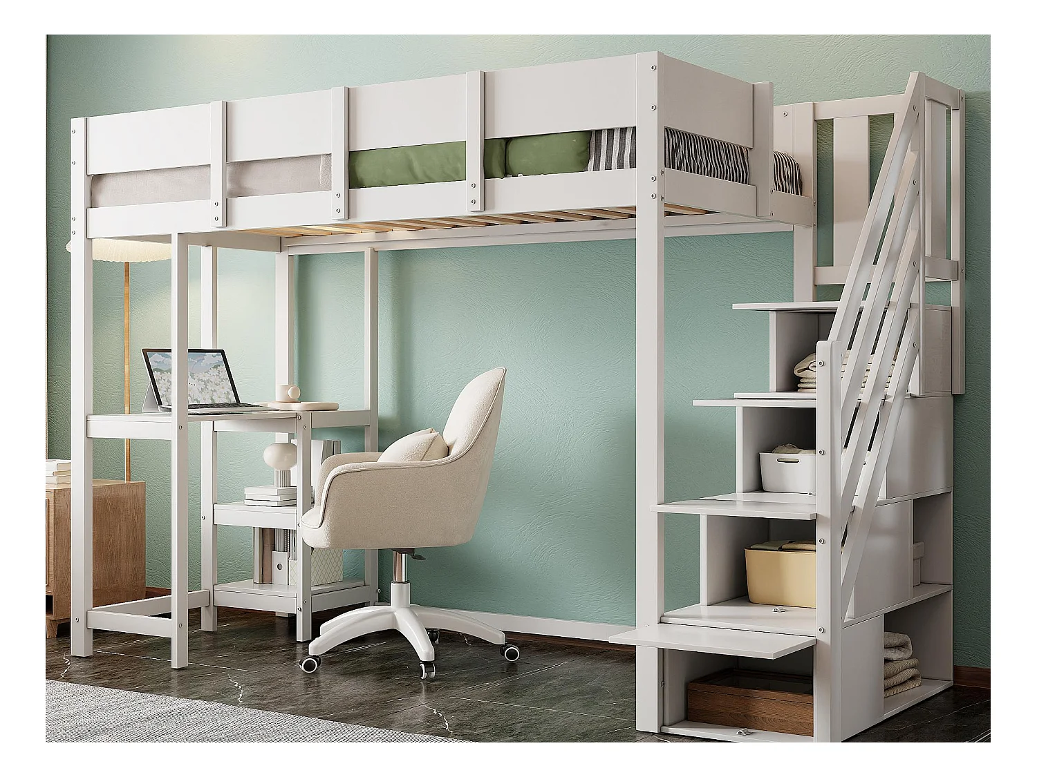 Lit mezzanine enfant 90x200cm - avec échelle de rangement - avec bureau - blanc (matelas non inclus)
