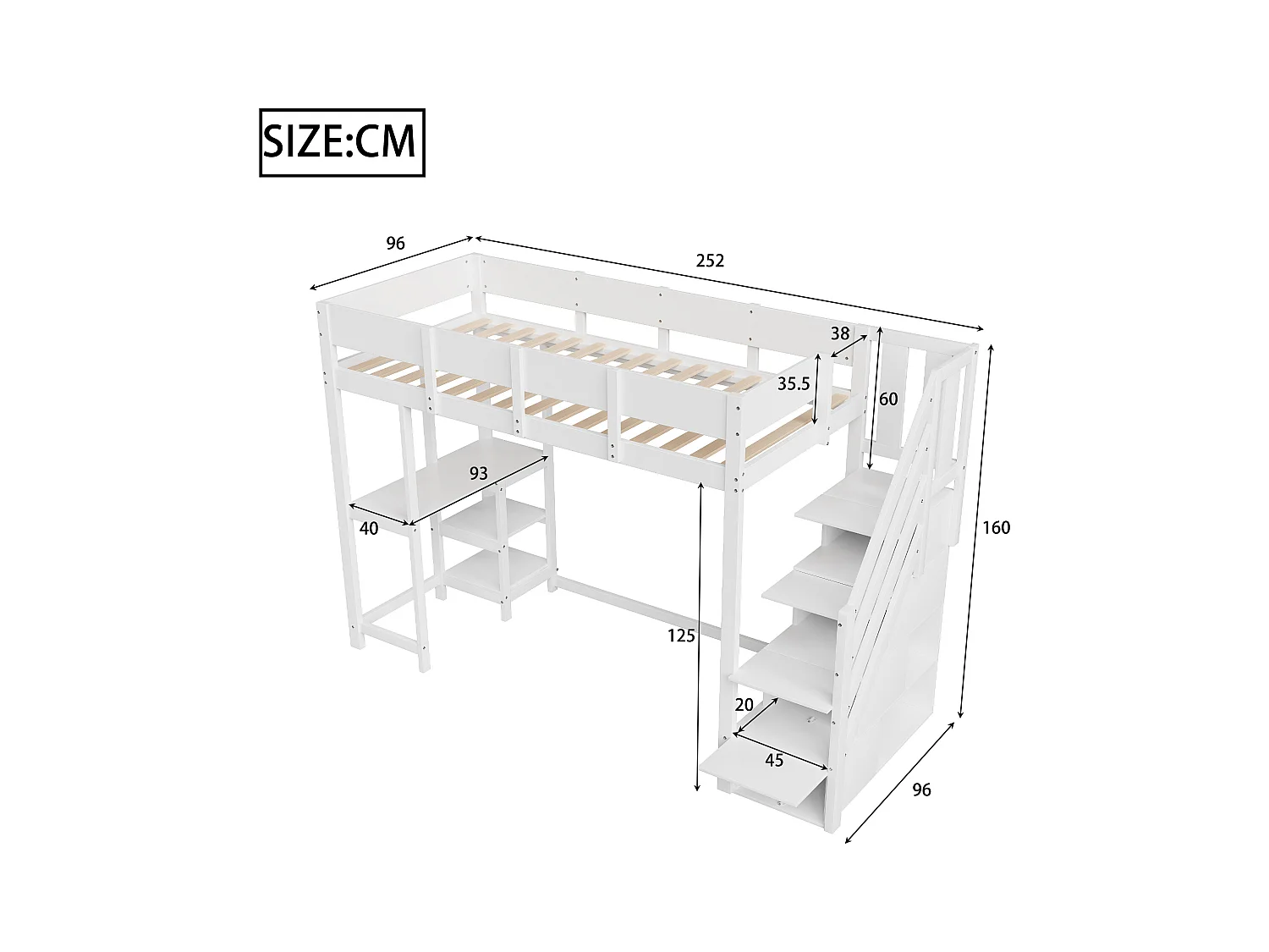 Lit mezzanine enfant 90x200cm - avec échelle de rangement - avec bureau - blanc (matelas non inclus)