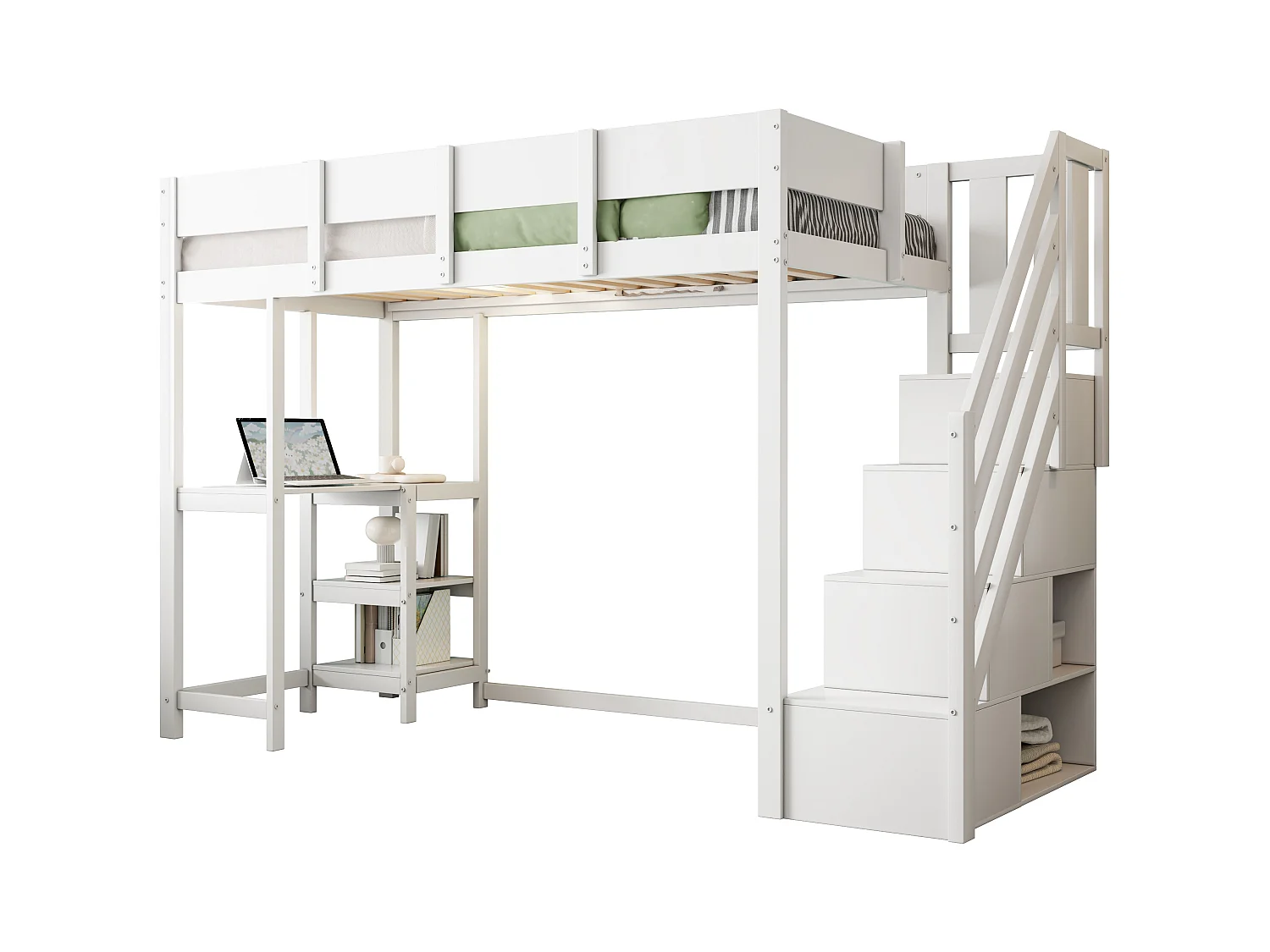 Lit mezzanine enfant 90x200cm - avec échelle de rangement - avec bureau - blanc (matelas non inclus)