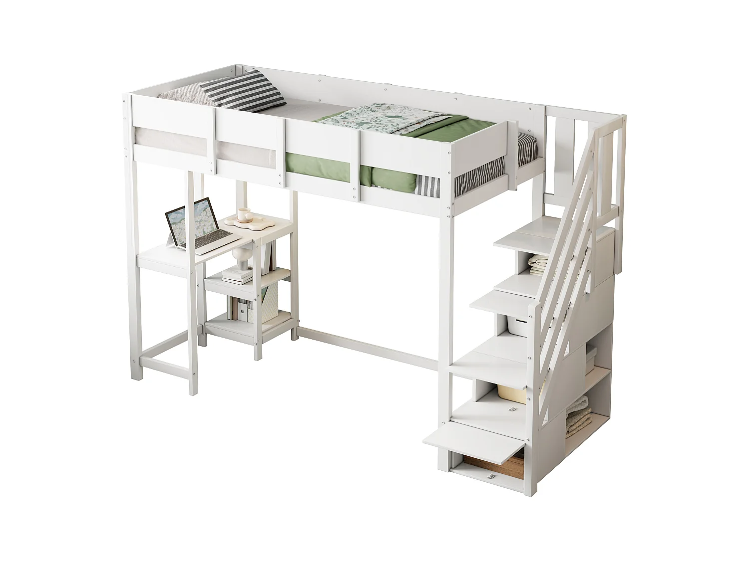 Lit mezzanine enfant 90x200cm - avec échelle de rangement - avec bureau - blanc (matelas non inclus)