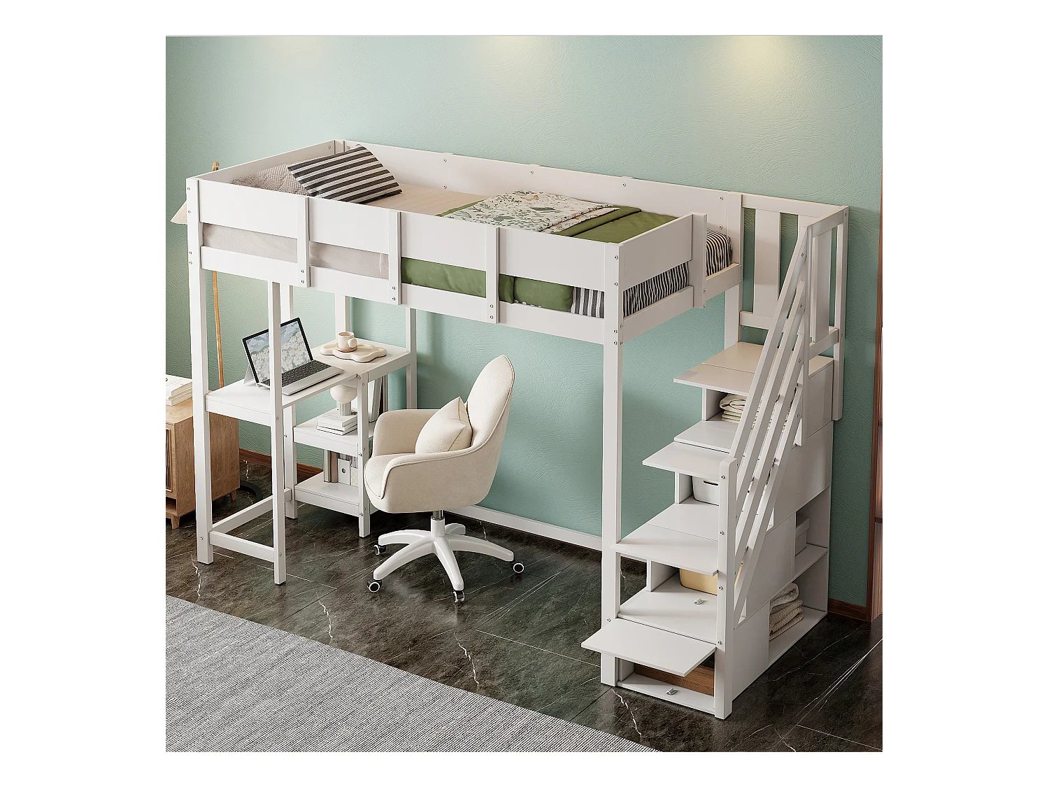 Lit mezzanine enfant 90x200cm - avec échelle de rangement - avec bureau - blanc (matelas non inclus)