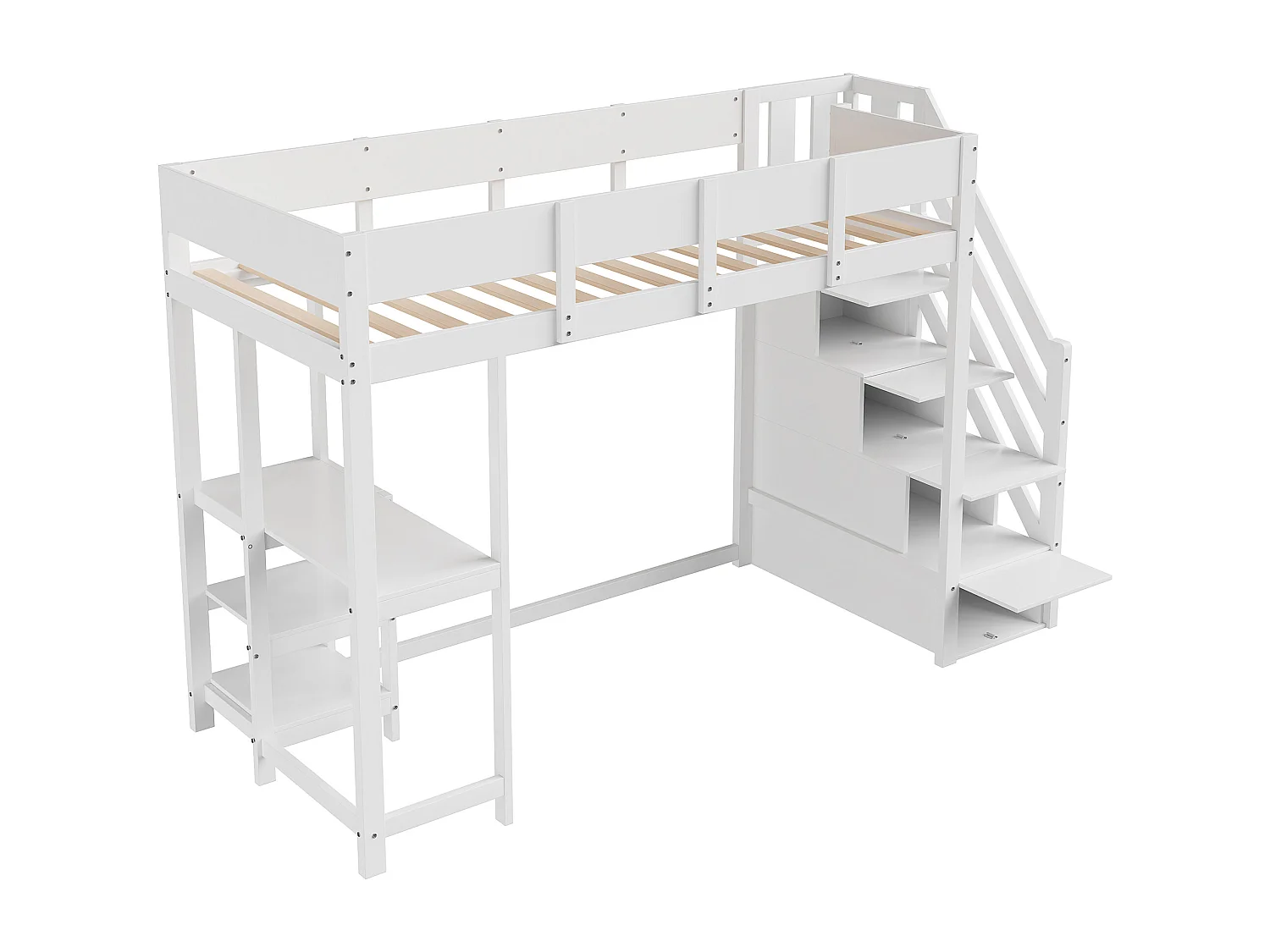 Lit mezzanine enfant 90x200cm - avec échelle de rangement - avec bureau - blanc (matelas non inclus)