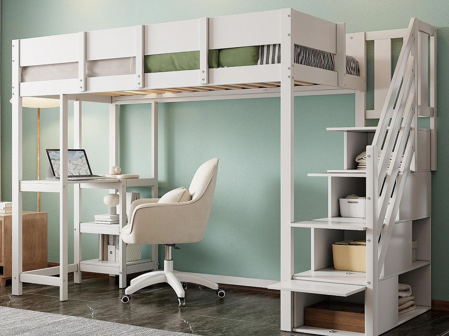 Kinderhochbett 90×200 cm - mit Aufbewahrungsleiter - mit Schreibtisch - weiß (Matratze nicht enthalten)