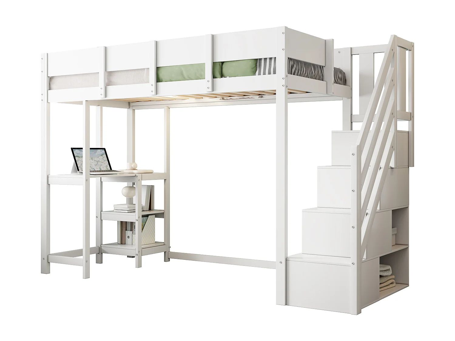 Kinderhochbett 90×200 cm - mit Aufbewahrungsleiter - mit Schreibtisch - weiß (Matratze nicht enthalten)