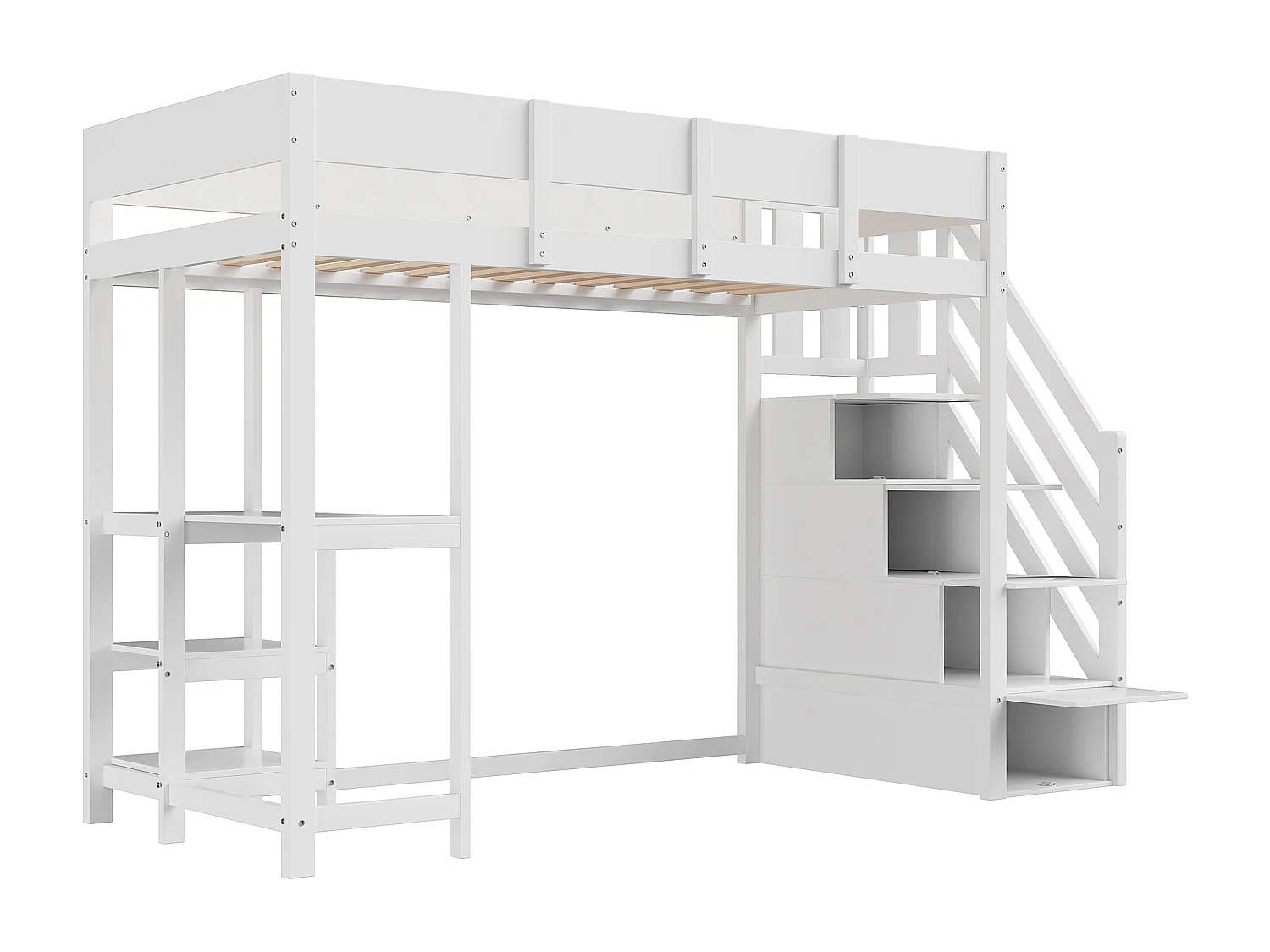 Kinderhochbett 90×200 cm - mit Aufbewahrungsleiter - mit Schreibtisch - weiß (Matratze nicht enthalten)