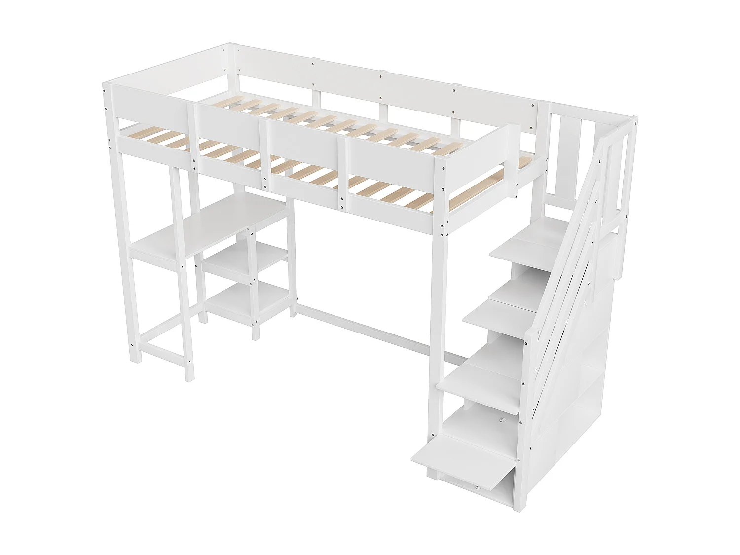Kinderhochbett 90×200 cm - mit Aufbewahrungsleiter - mit Schreibtisch - weiß (Matratze nicht enthalten)