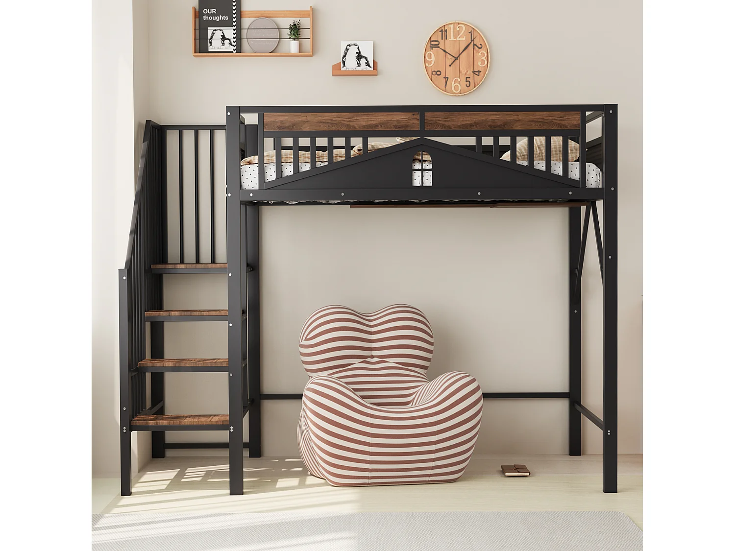 Metall-Hochbett 90×200 cm - mit Sicherheitsleiter - schwarz (Matratze nicht enthalten)