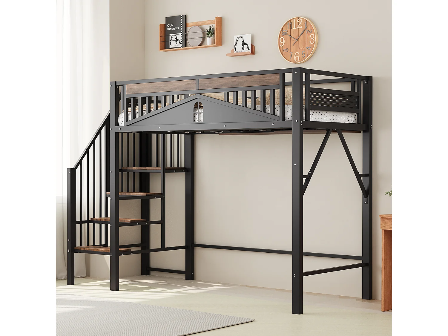 Metall-Hochbett 90×200 cm - mit Sicherheitsleiter - schwarz (Matratze nicht enthalten)