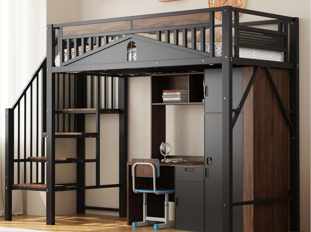 Cama mezanino de metal 90×200 cm - com escada de segurança - preto (colchão não incluído)