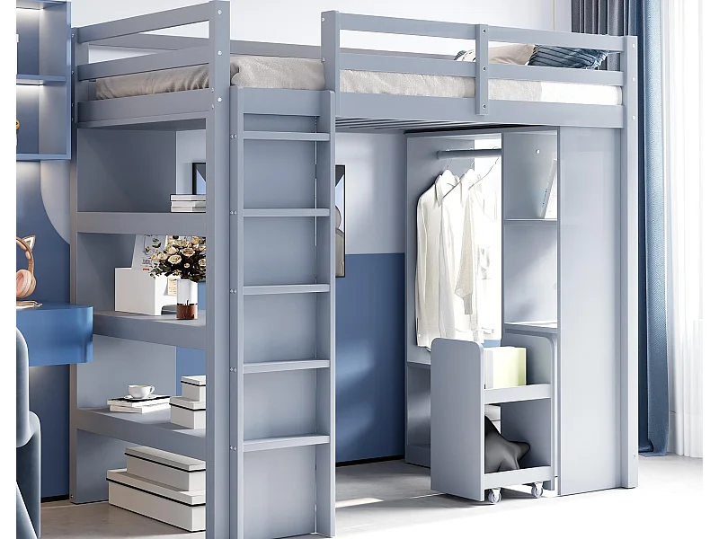 Lit mezzanine enfant 90x200 cm - avec cintre + rangement - avec 1 chariot de rangement amovible - gris (matelas non inclus)