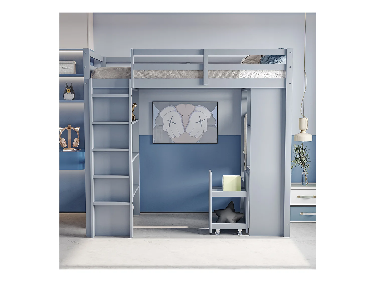 Kinderhoogbed 90×200 cm - met kleerhaak + opbergruimte - met 1 verplaatsbare opbergkar - grijs (matras niet inbegrepen)