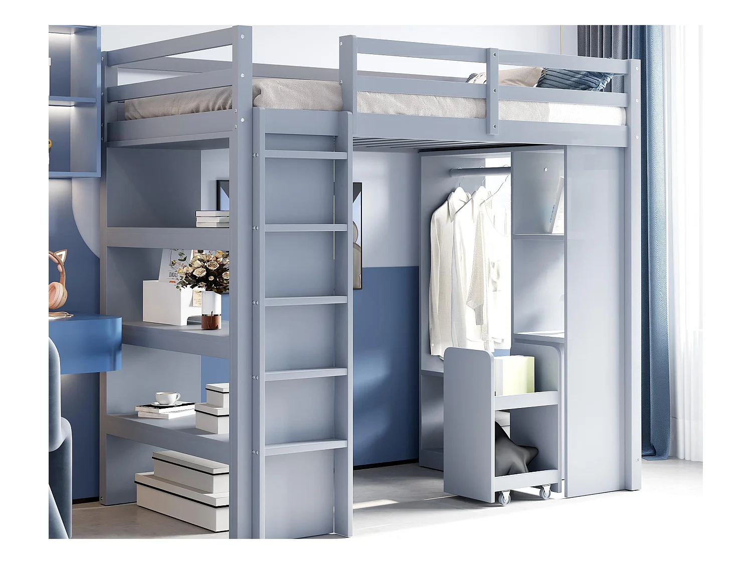 Lit mezzanine enfant 90x200 cm - avec cintre + rangement - avec 1 chariot de rangement amovible - gris (matelas non inclus)