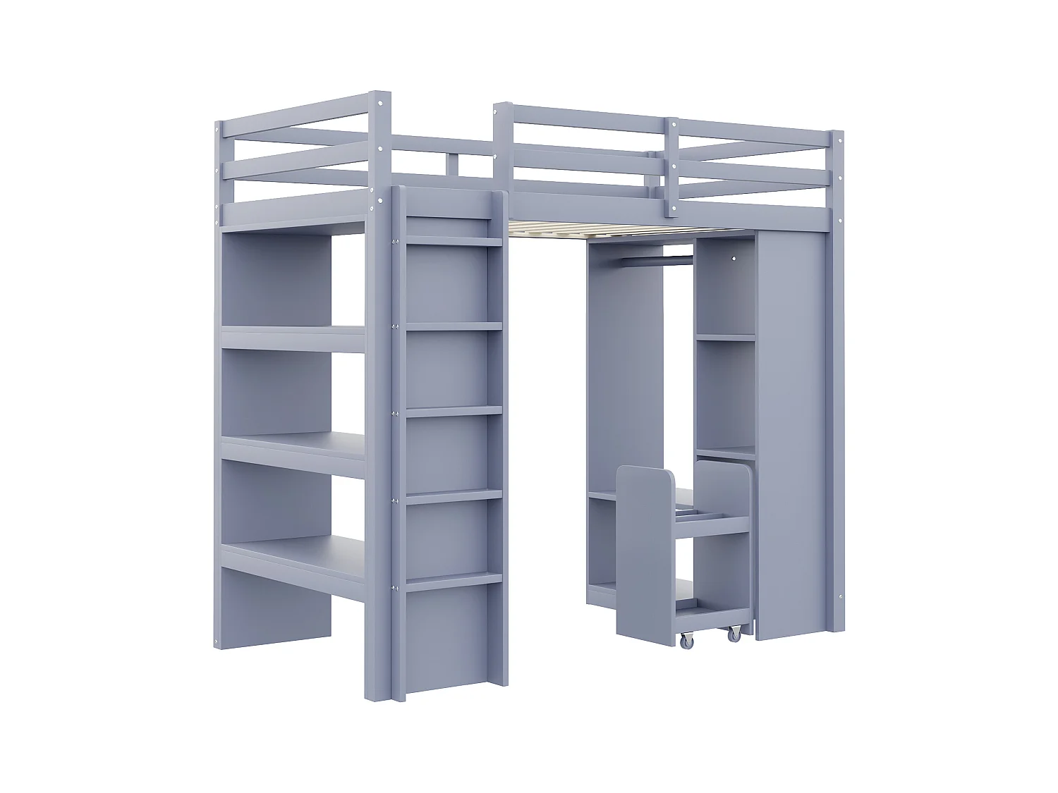 Lit mezzanine enfant 90x200 cm - avec cintre + rangement - avec 1 chariot de rangement amovible - gris (matelas non inclus)