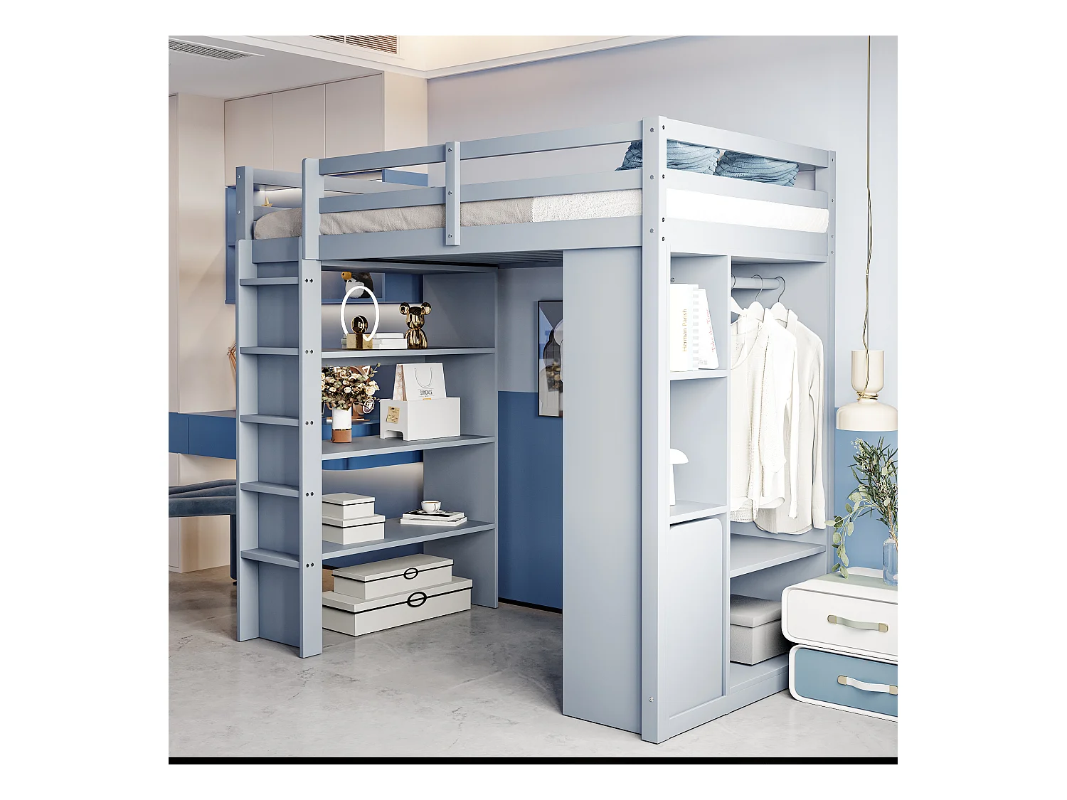 Lit mezzanine enfant 90x200 cm - avec cintre + rangement - avec 1 chariot de rangement amovible - gris (matelas non inclus)