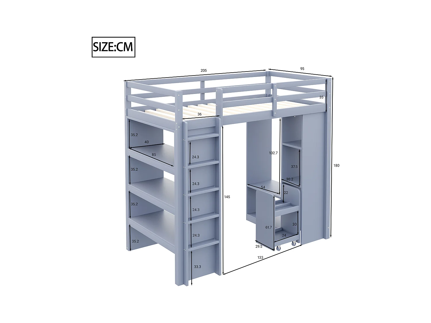 Lit mezzanine enfant 90x200 cm - avec cintre + rangement - avec 1 chariot de rangement amovible - gris (matelas non inclus)