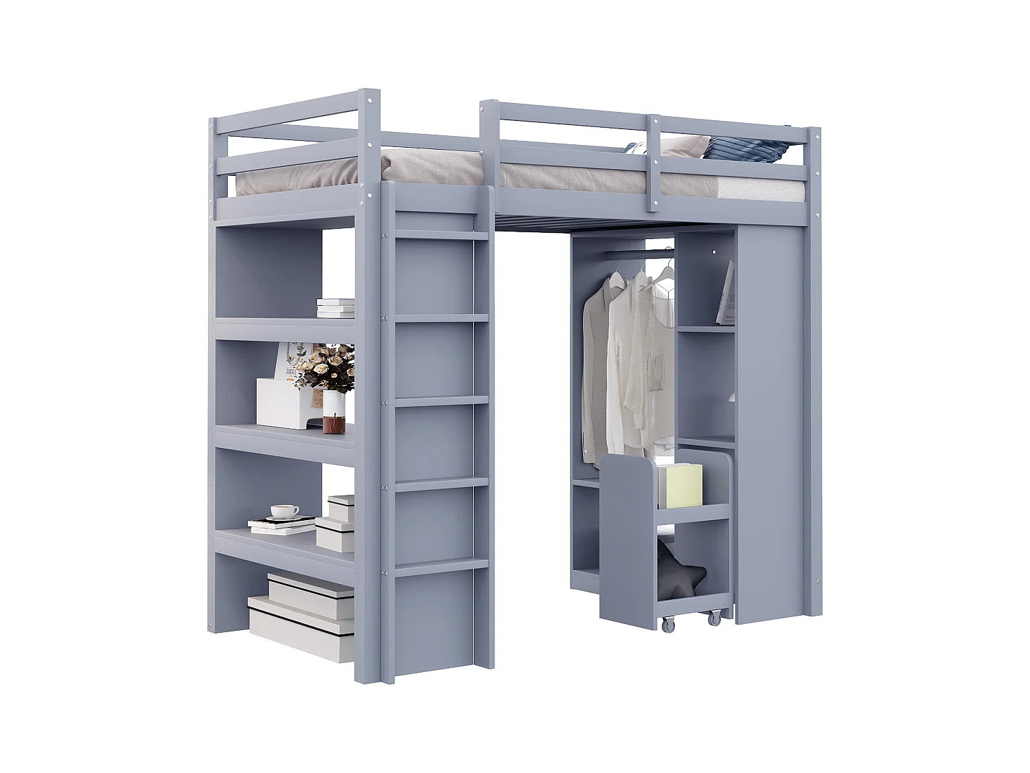 Lit mezzanine enfant 90x200 cm - avec cintre + rangement - avec 1 chariot de rangement amovible - gris (matelas non inclus)