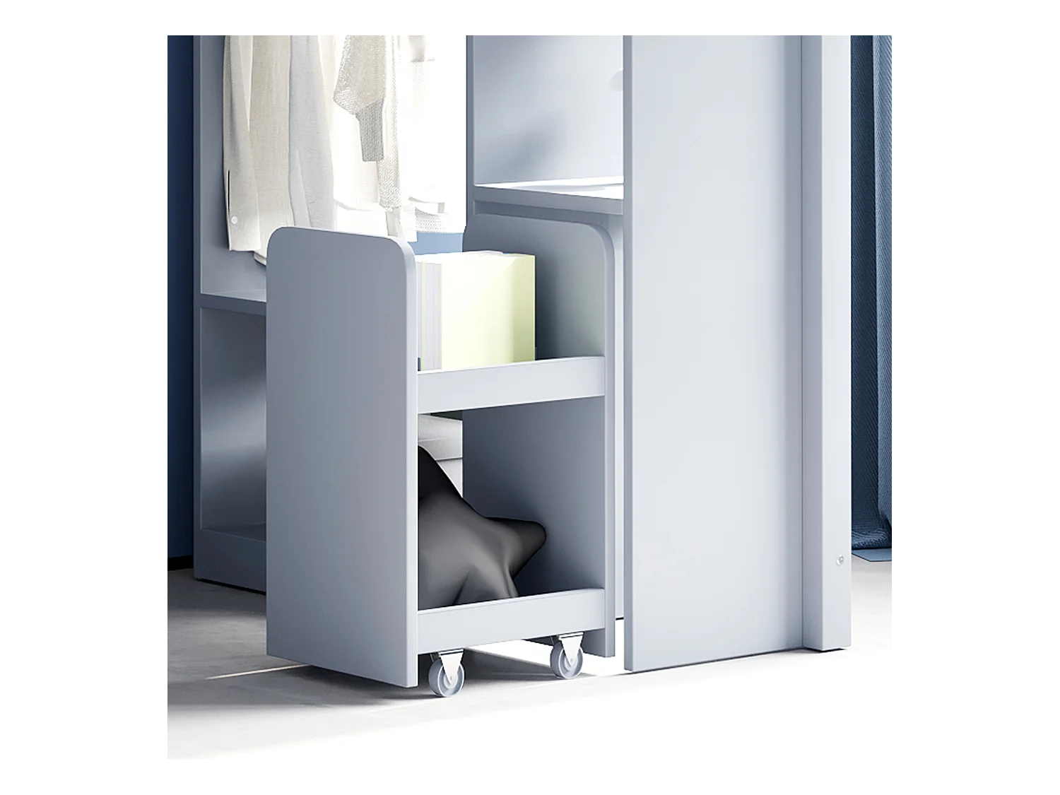 Lit mezzanine enfant 90x200 cm - avec cintre + rangement - avec 1 chariot de rangement amovible - gris (matelas non inclus)