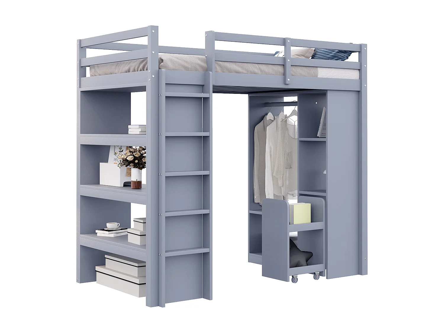 Lit mezzanine enfant 90x200 cm - avec cintre + rangement - avec 1 chariot de rangement amovible - gris (matelas non inclus)