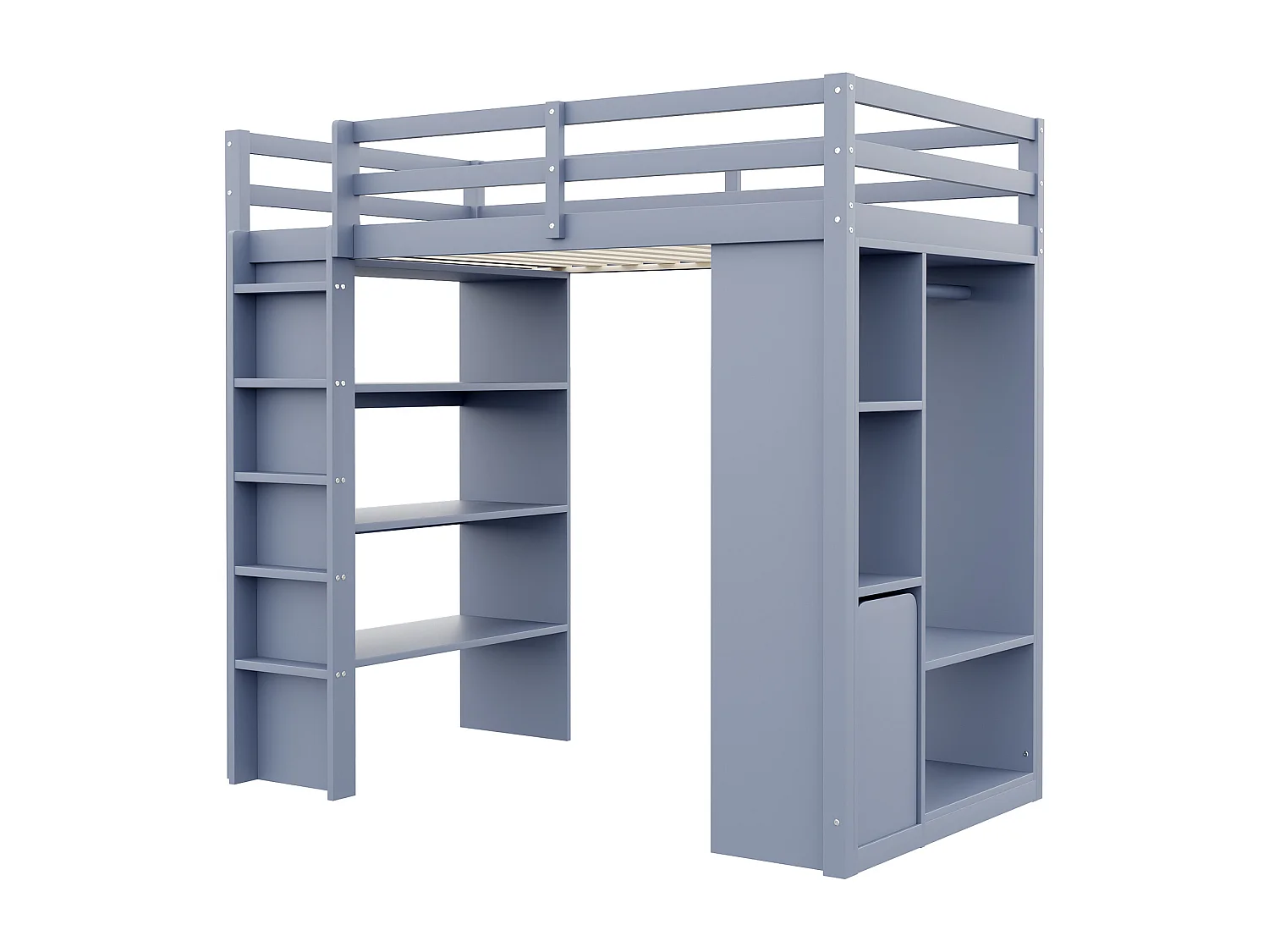 Lit mezzanine enfant 90x200 cm - avec cintre + rangement - avec 1 chariot de rangement amovible - gris (matelas non inclus)