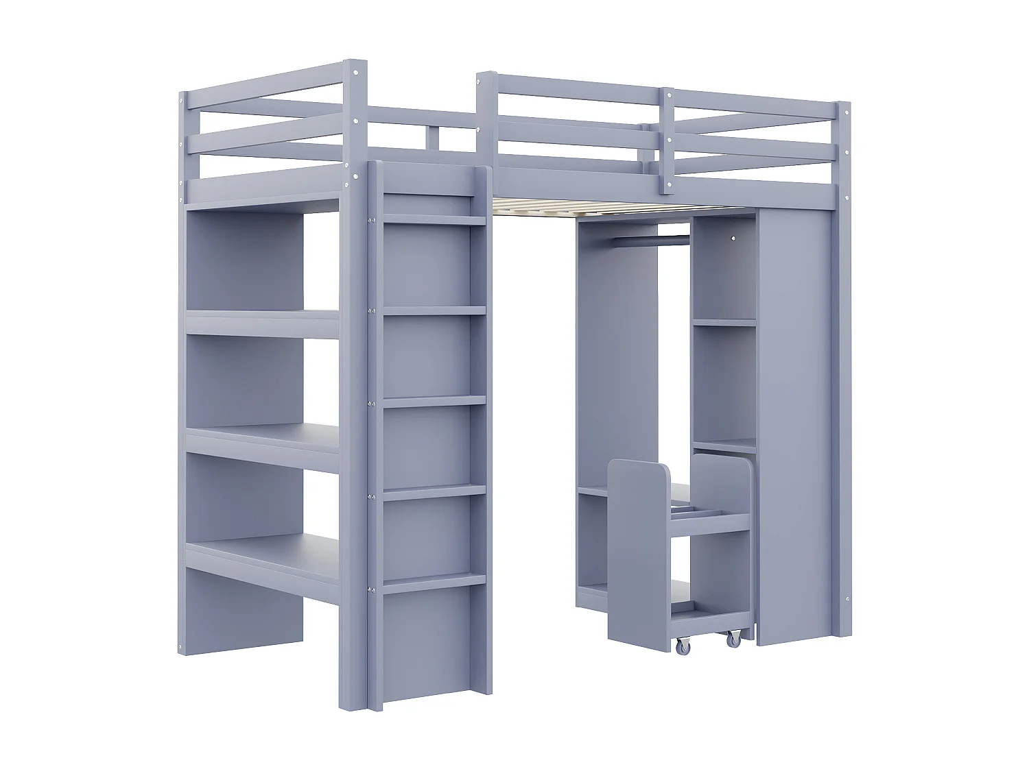 Lit mezzanine enfant 90x200 cm - avec cintre + rangement - avec 1 chariot de rangement amovible - gris (matelas non inclus)