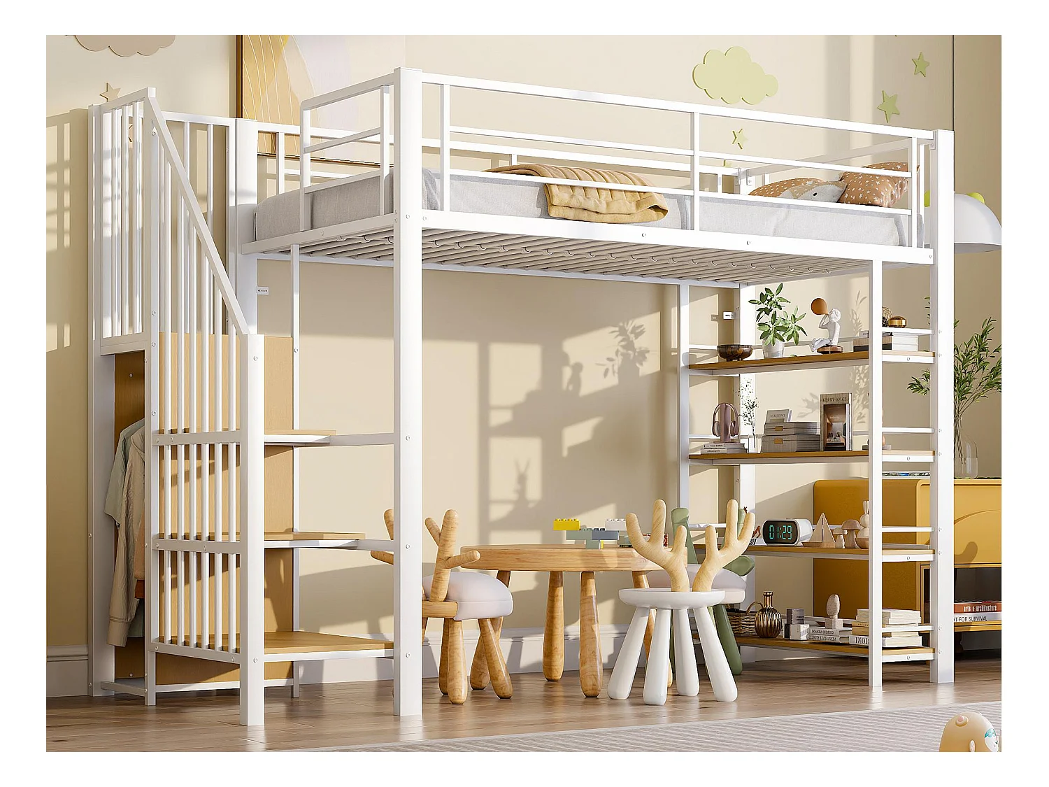 Lit mezzanine 90x200 - avec escalier de sécurité - avec petite armoire - avec des étagères ouvertes - blanc