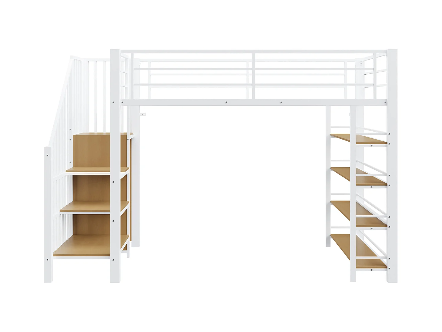 Lit mezzanine 90x200 - avec escalier de sécurité - avec petite armoire - avec des étagères ouvertes - blanc