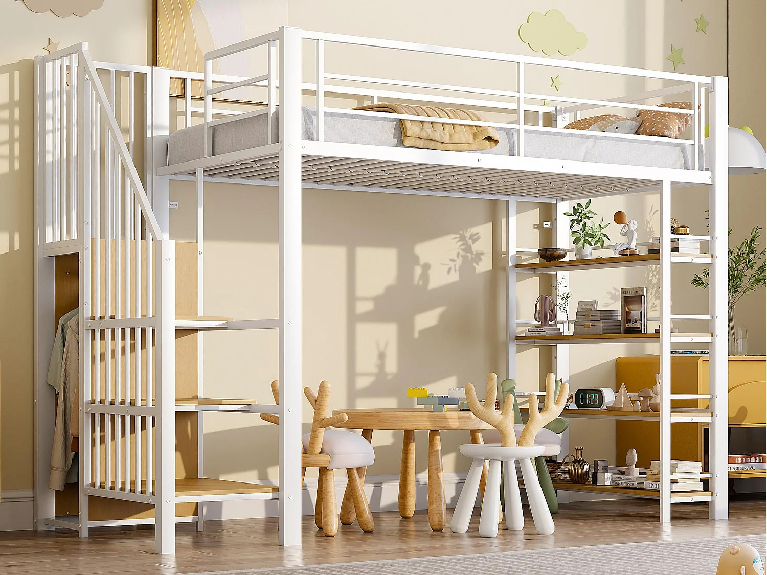 Lit mezzanine 90x200 - avec escalier de sécurité - avec petite armoire - avec des étagères ouvertes - blanc