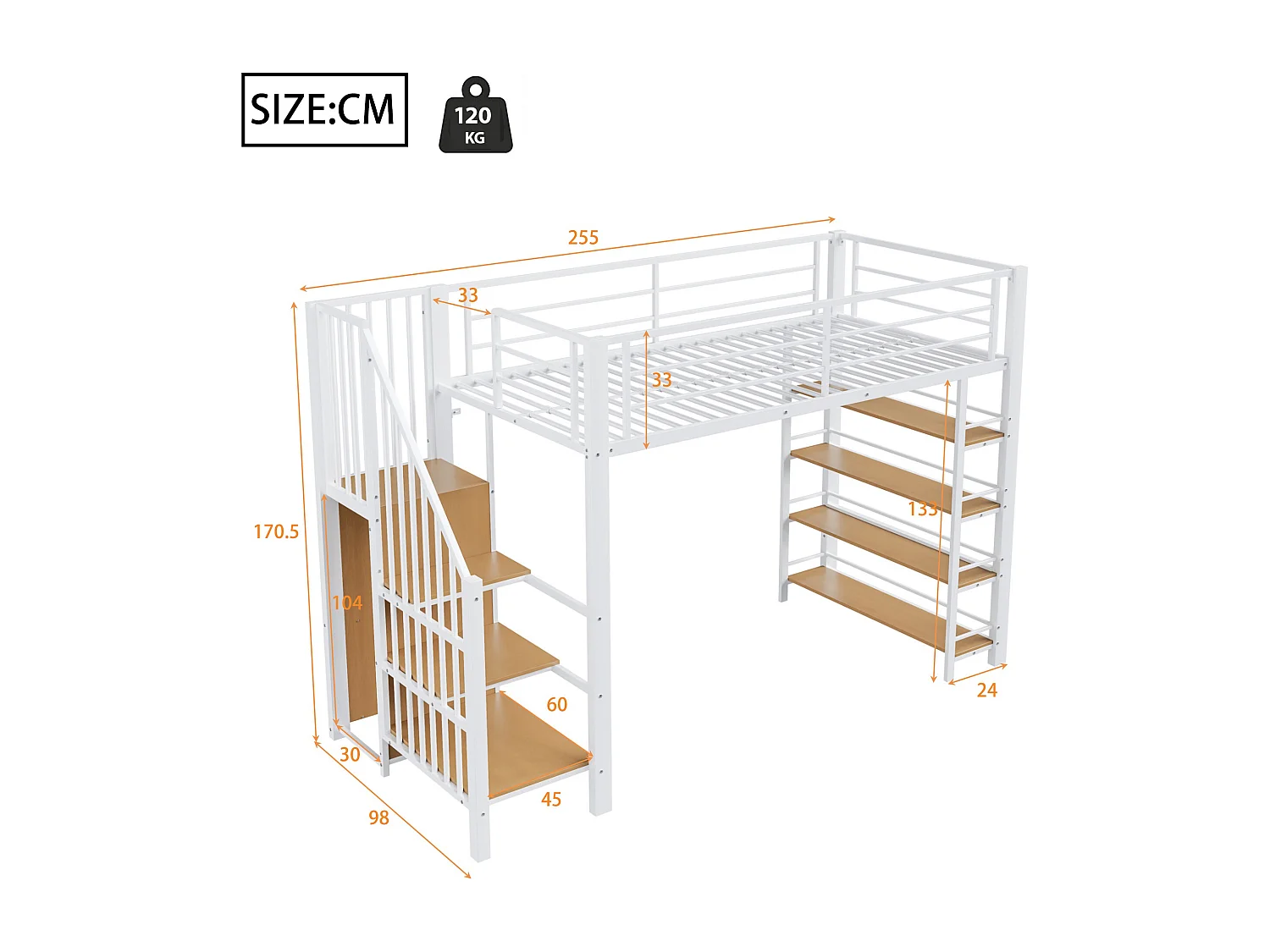 Lit mezzanine 90x200 - avec escalier de sécurité - avec petite armoire - avec des étagères ouvertes - blanc