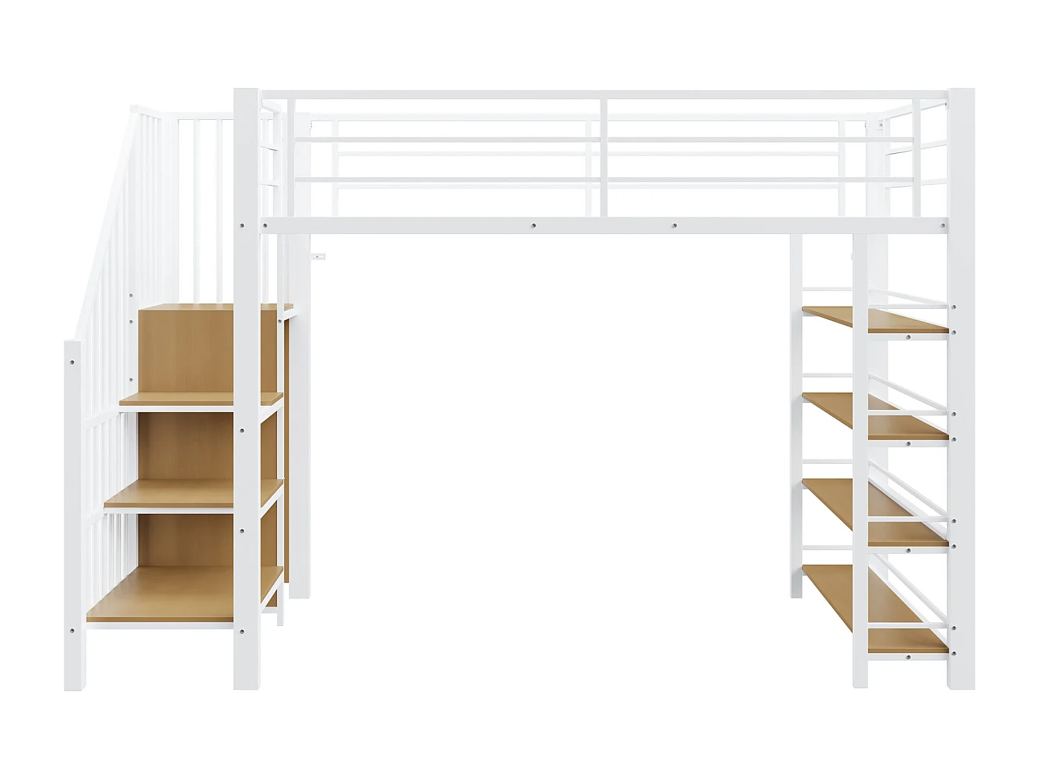 Lit mezzanine 90x200 - avec escalier de sécurité - avec petite armoire - avec des étagères ouvertes - blanc