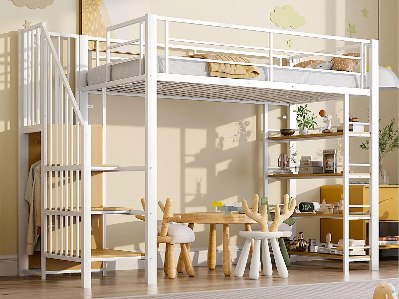 Lit mezzanine 90x200 - avec escalier de sécurité - avec petite armoire - avec des étagères ouvertes - blanc