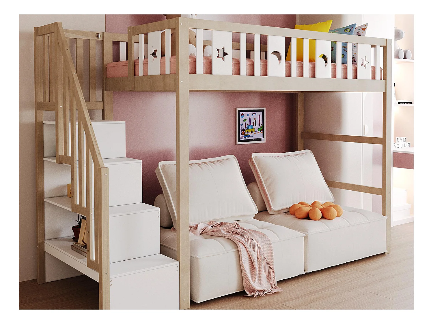 Lit mezzanine enfant 90x200cm - avec échelle de rangement - avec barrières de sécurité - Naturel (sans matelas)