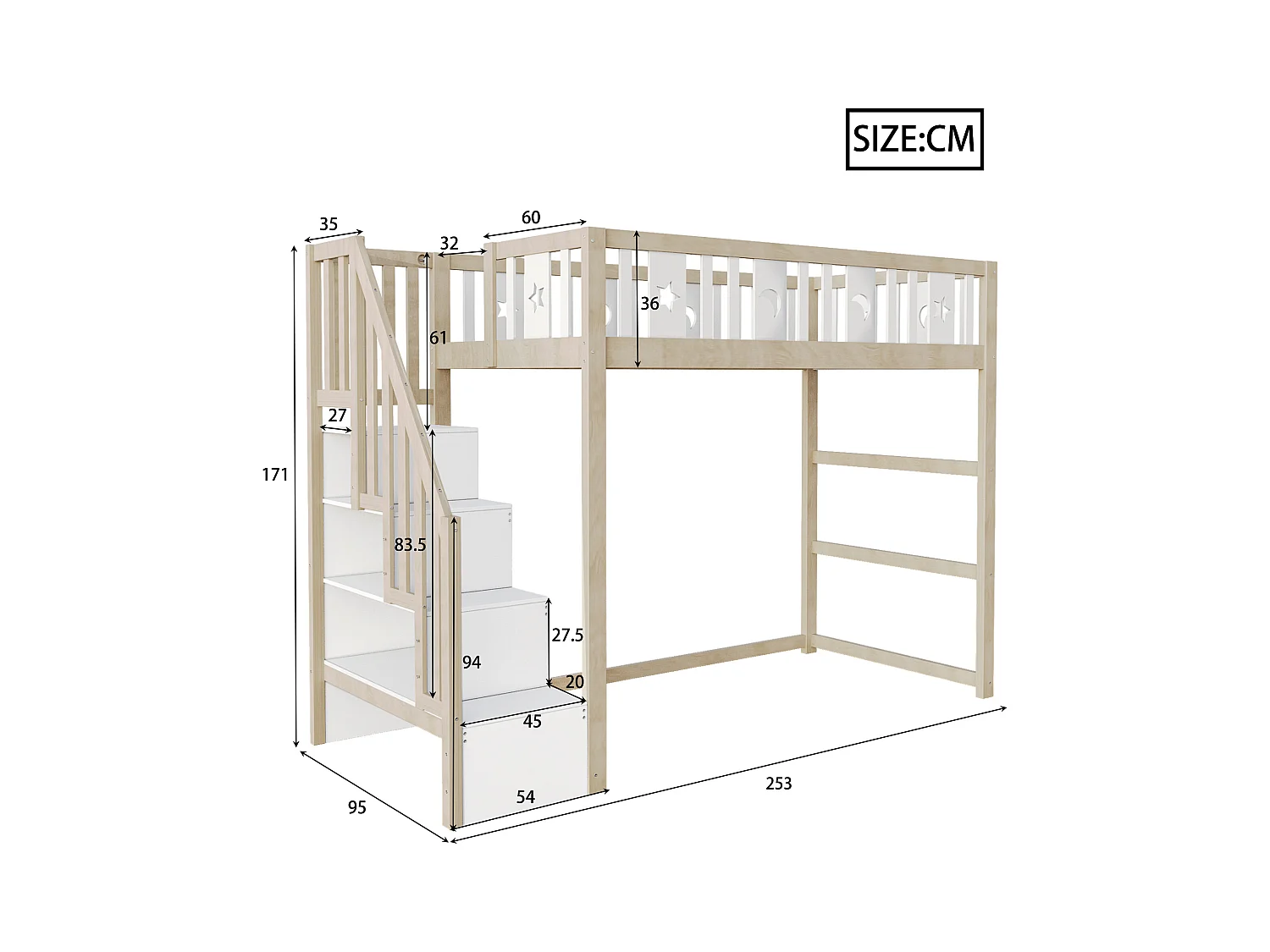Lit mezzanine enfant 90x200cm - avec échelle de rangement - avec barrières de sécurité - Naturel (sans matelas)
