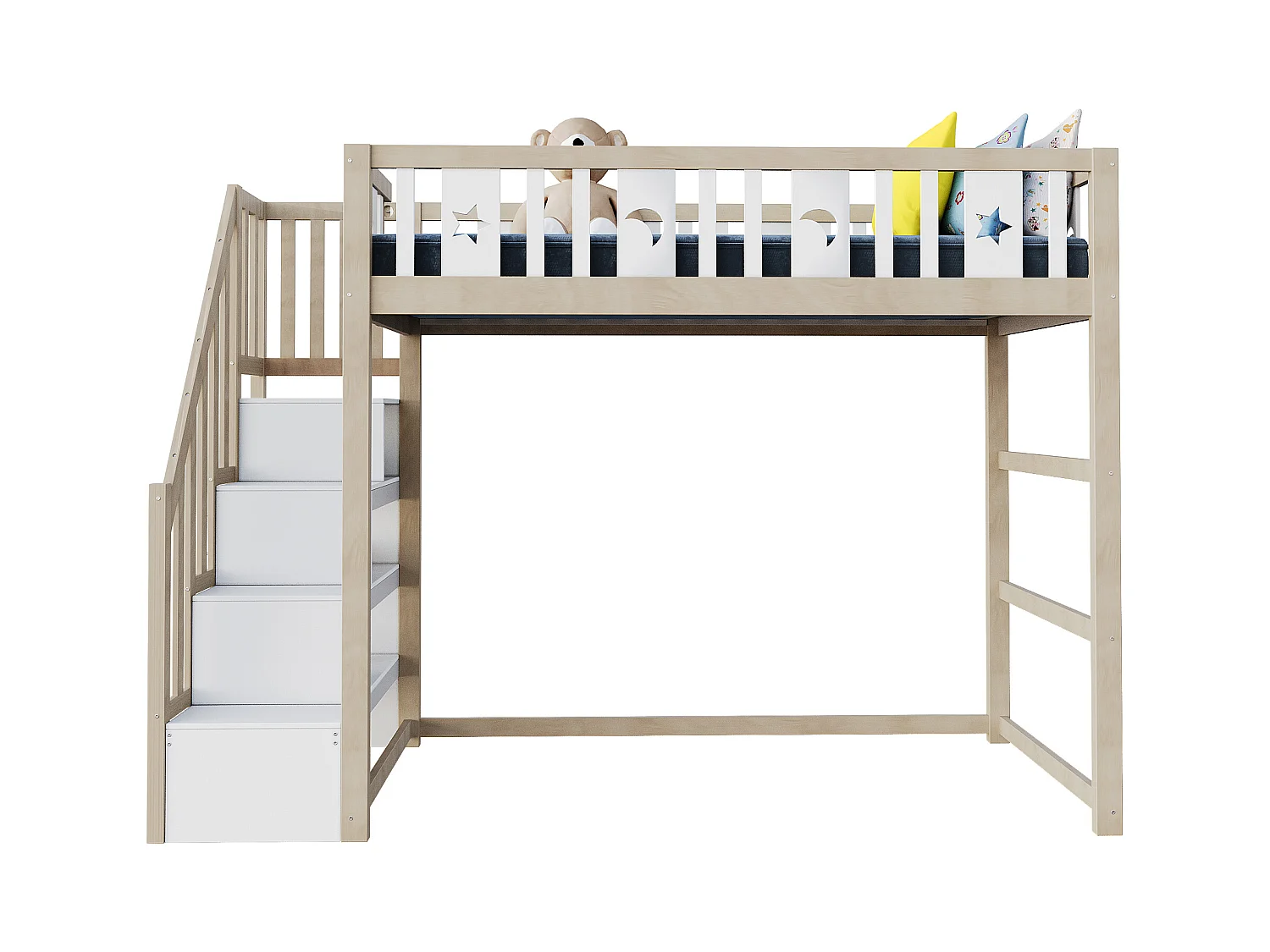 Lit mezzanine enfant 90x200cm - avec échelle de rangement - avec barrières de sécurité - Naturel (sans matelas)