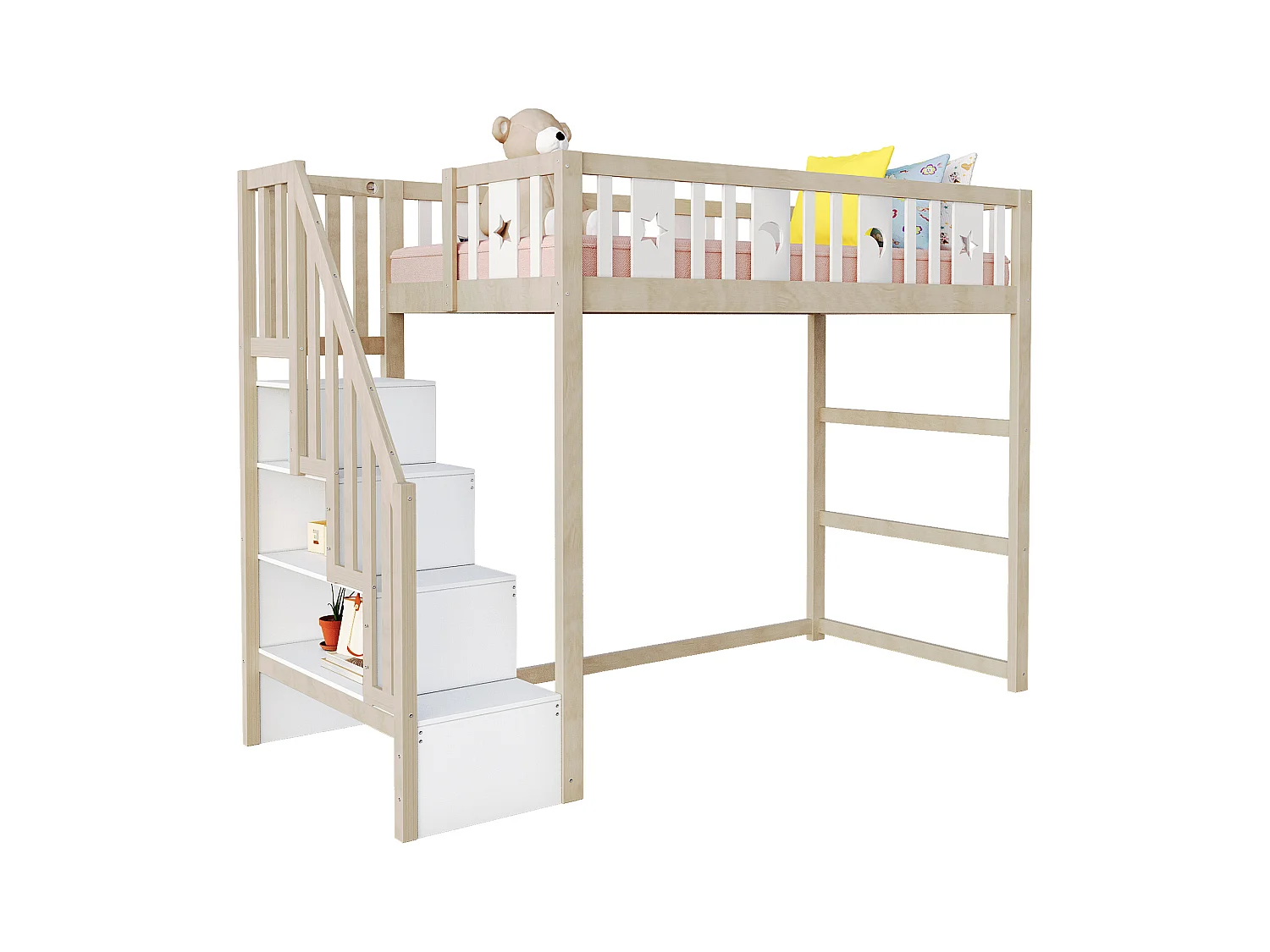 Lit mezzanine enfant 90x200cm - avec échelle de rangement - avec barrières de sécurité - Naturel (sans matelas)