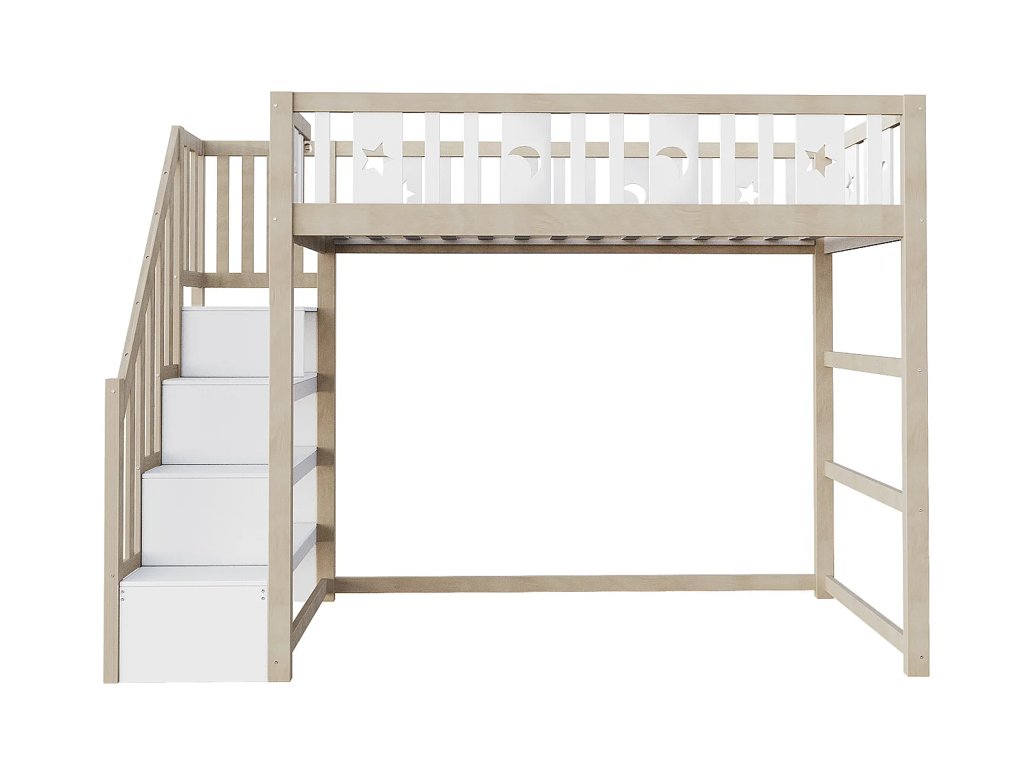 Lit mezzanine enfant 90x200cm - avec échelle de rangement - avec barrières de sécurité - Naturel (sans matelas)
