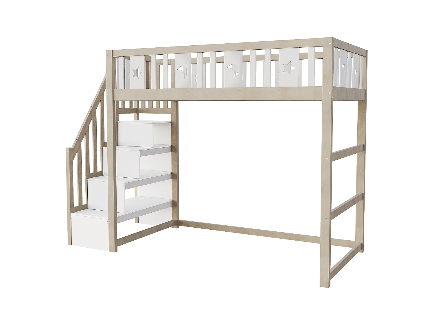 Lit mezzanine enfant 90x200cm - avec échelle de rangement - avec barrières de sécurité - Naturel (sans matelas)