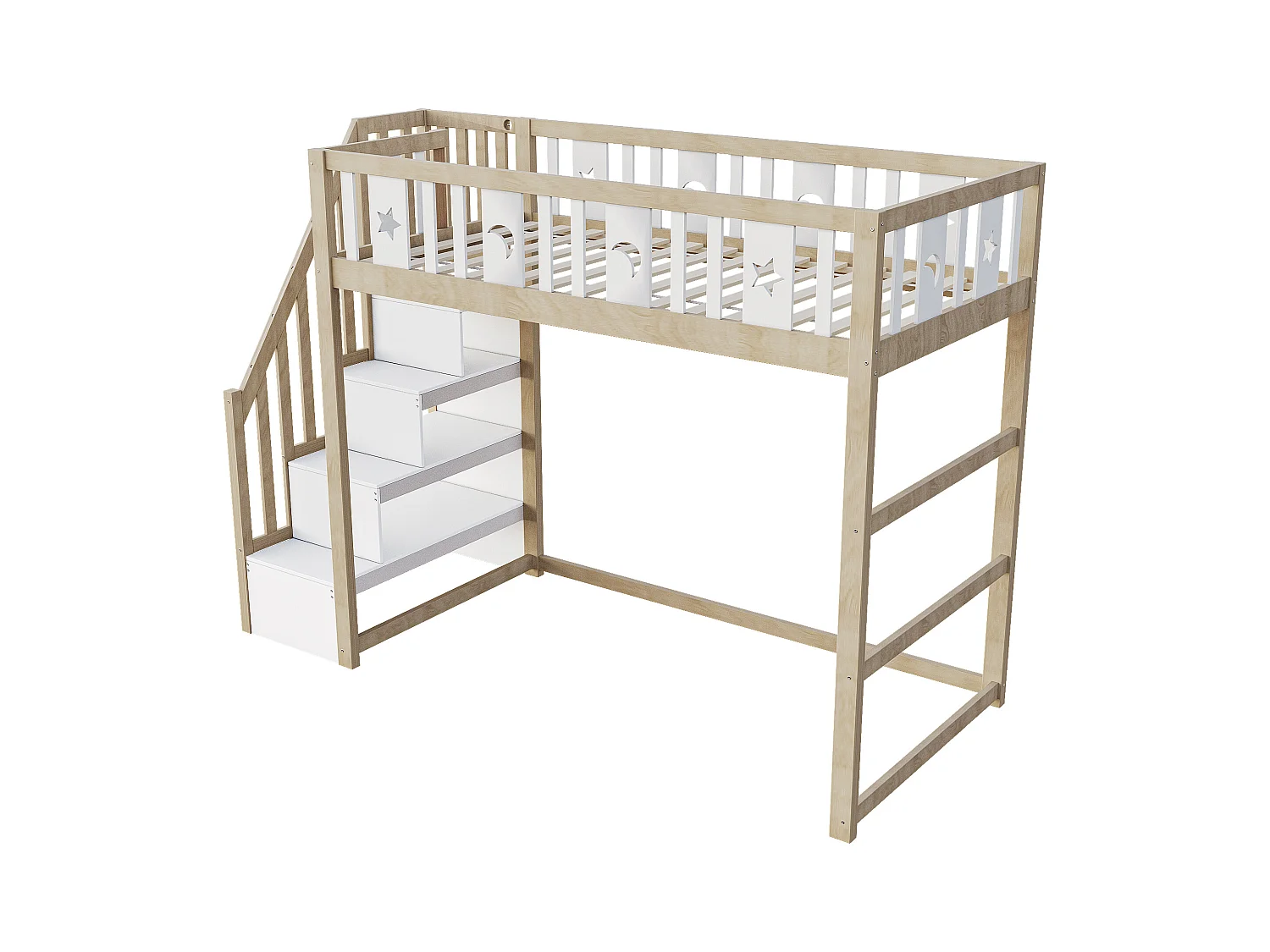 Lit mezzanine enfant 90x200cm - avec échelle de rangement - avec barrières de sécurité - Naturel (sans matelas)